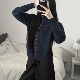 Sturdy Wool Knit High-Neck Button-Fold Loose Fit Cardigan