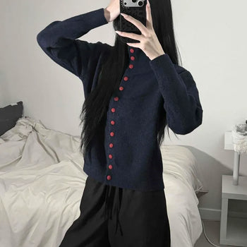 Sturdy Wool Knit High-Neck Button-Fold Loose Fit Cardigan