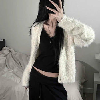 Angora Fox Fur Wool V-Neck Loose Fit Cardigan