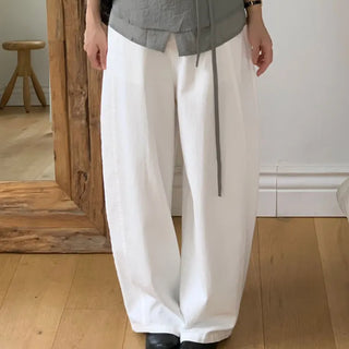 Side Cut Curved Cotton Pants  Wide Elastic Waist Pants
