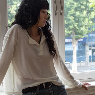 *Cozy Flowy Fit* Basic Soft Waffle Henley Neck Loose Fit Daily Wool Blend Long Sleeve T-shirt