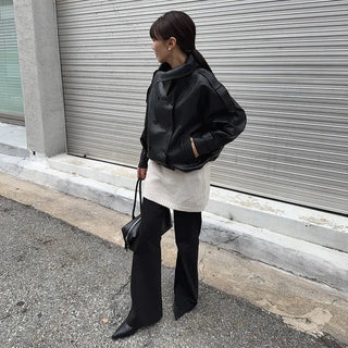 No More High-Neck Double-Button Raglan Oversized Loose Fit Leather Jacket