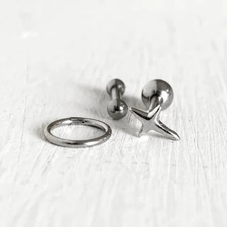 (Set) Mini Flash Piercing Set Segment Ring Earrings Star Barbell Earring Helix