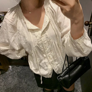 Aubrey Frill Shirred Balloon Blouse String Check Shirt Body Cover Wedding Guest Look Work Look Transitional Season Autumn
