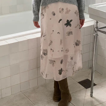 Watercolor Chiffon Flower Midi Skirt