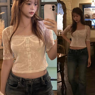 Flower See-through Button Square Neck Slim Fit Short Sleeve Blouse