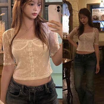 Flower See-through Button Square Neck Slim Fit Short Sleeve Blouse