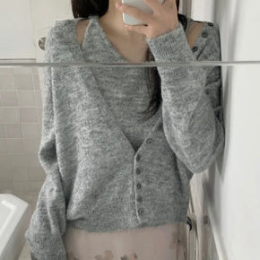 Button Deep V-Neck Knit Sleeveless Cardigan Set