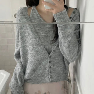 Button Deep V-Neck Knit Sleeveless Cardigan Set