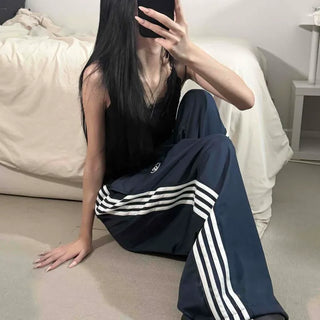 Striped Line Elastic Waist Wide Long Pants