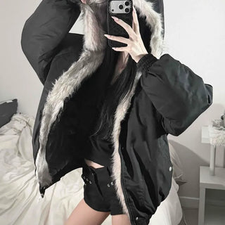 Fur Hooded Field Jacket, Oversized, Half-Length, Button, Zipper, Quilted Lined, Pocket Padded Jacket