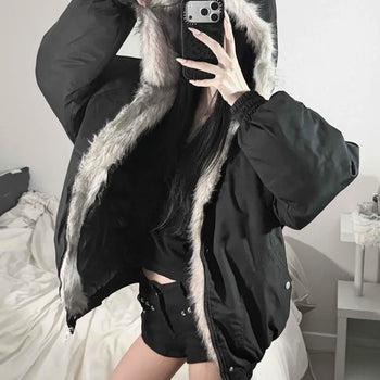 Fur Hooded Field Jacket, Oversized, Half-Length, Button, Zipper, Quilted Lined, Pocket Padded Jacket