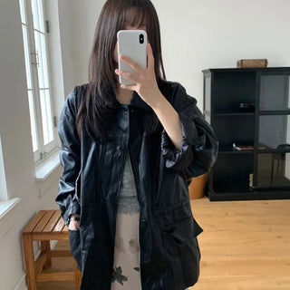Waist Drawstring Oversized Half Leather Jacket