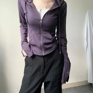 Slim Fit Button-Sleeve Long-Sleeve Zip-Up Hoodie