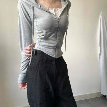 Slim Fit Cinched Waist Cotton Long Sleeve Zipper Hoodie