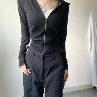 Slim Fit Crop Waist-Cut, Stretchy Light Fleece Zip-Up Hoodie