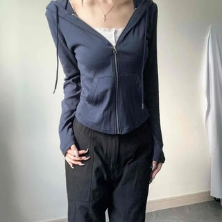 Slim Fit Semi-Crop Long Sleeve Cotton Pocket Zip-Up Hoodie
