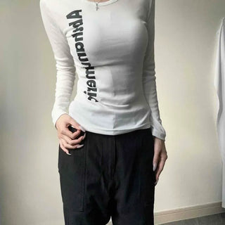 Lettering Numbering Side Shirring Cinched Waist Slim Fit Long Sleeve T-shirt