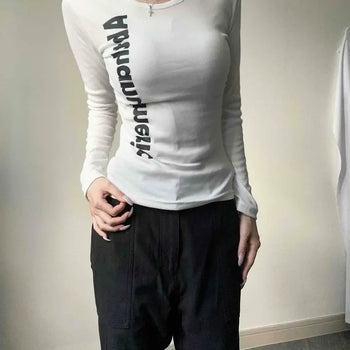 Lettering Numbering Side Shirring Cinched Waist Slim Fit Long Sleeve T-shirt