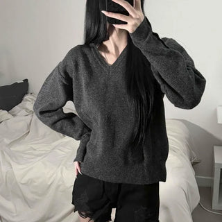 Sleeve Button Slit V-Neck Loose Fit Knit