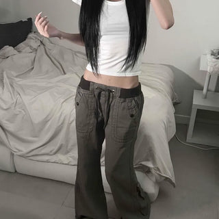 Contrast Elastic Waist Low-Rise Loose Fit Wide Pocket Long Pants