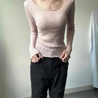Punched See-through Wavy Back-of-Hand Delicate Fit Slim Fit Crop Knit