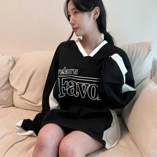 V-Neck Contrast Raglan Lettering Logo String Oversized Sweatshirt