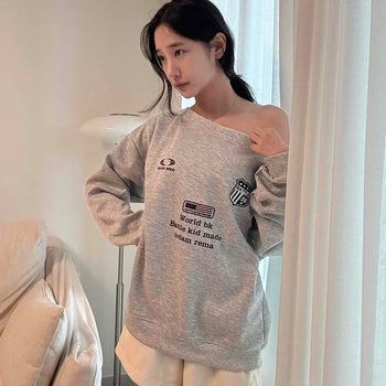 One-Off Shoulder American Flag Lettering Print Double-Sided Oversized Sweatshirt