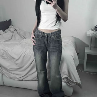 Low-Rise Washed Big Stitch Button Pocket Bootcut Jeans