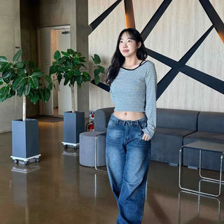 Diagonal Stripe Color Block Off-Shoulder Strap Asymmetrical Hand-Covering Slim Fit Long-Sleeve Knit T-Shirt
