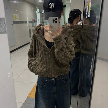 [Cozy..] Aubrey Heathered Cable Knit Hooded Cardigan