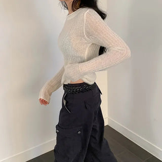 Net mohair off-shoulder knit