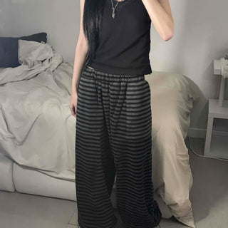 Fleece-lined Striped Loose Fit Long Pants with Elastic Waist and Drawstring