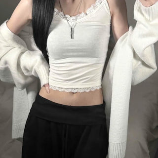 Cotton Lace V-Neck Adjustable Layered Slim Fit Semi-Crop Sleeveless