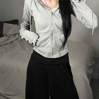 Collared Fit Drawstring Button Sleeve Pocket Cotton Blend Zip-Up Hoodie