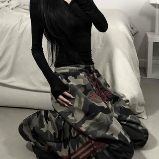 Camouflage Three-Stripe String Elastic Wide Training Long Pants
