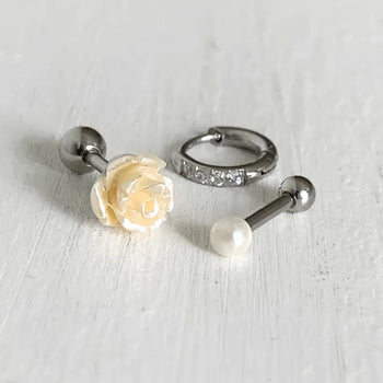 (Set) Shimmer Rose Piercing Set Pearl Rose Basic Barbell Surgical 8mm Cubic One-Touch Ring Earrings Labret Bar