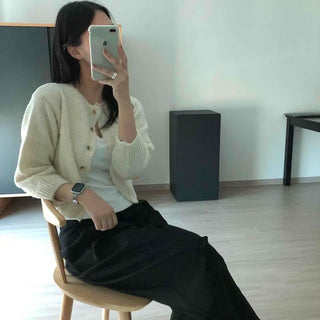 Boucle Round Neck Button Crop Knit Cardigan
