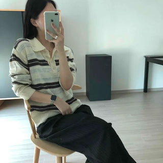 Striped Collar Acrylic Loose Fit Long Sleeve Knit