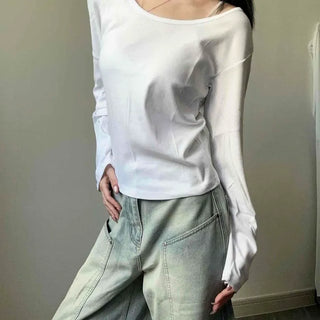 Round Neck Slit Inner Layering Knit Slim Fit Long Sleeve T-shirt