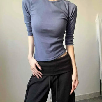 Stretchy Cotton Round Neck Roll-up Slim Fit 3/4 Sleeve T-shirt