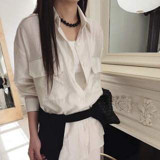 Hazy Tencel See-through Pocket Loose Fit Oversized Long Sleeve Shirt Blouse