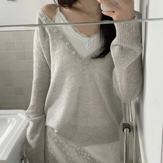 Button Deep V-Neck Loose Fit Layered Knit