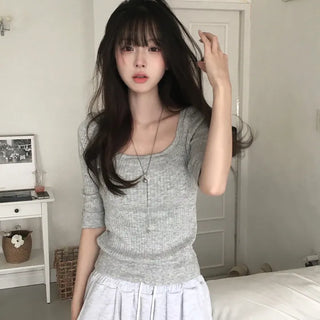 Molly Square Neck 3/4 Sleeve Ribbed Knit Button T-Shirt