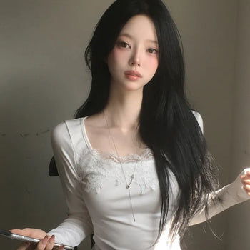Autumn vibe, Lace Square Neck Slim Delicate Fit Long Sleeve T-shirt