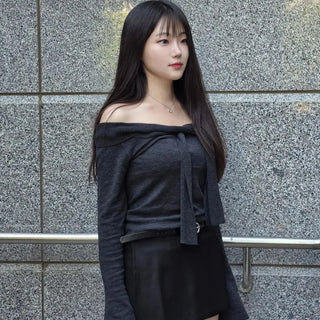 Off-shoulder Ribbon Tie Twisted Flare Sleeve Hand-Covered Cuff Strap 2-Way Crop Knit
