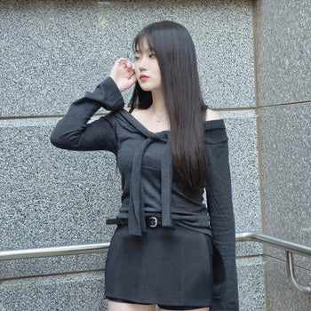 Belt Set V-Cut Slit High-Waisted Slim H-Line Skort Mini Skirt