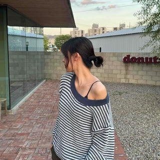 Striped Embroidered Patch Logo Off-Shoulder Loose Fit Long Sleeve Knit