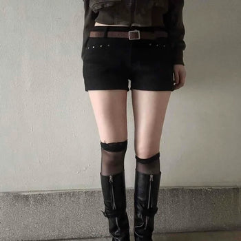 Suede Studded Belt Set Slim Low-Rise Shorts