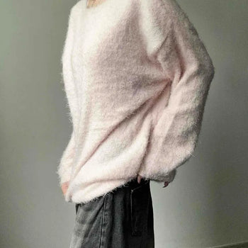 Angora Fur Boat Neck Loose Fit Long Sleeve Knit